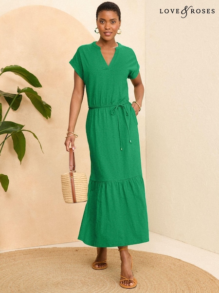 Love & Roses Green V Neck Jersey T Shirt Midi Dress (K98761) | €31