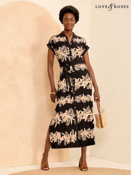 Tropical negru - Rochie midi tip cămașă Cu nasturi Love & Roses Jerseu (K98764) | 157 LEI
