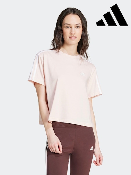adidas Light Pink 100% Cotton Sportswear Essentials 3-Stripes Single Jersey Crop T-Shirt (K98810) | €15