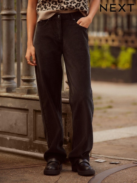 Black Washed Cord Wide Leg 100% Cotton Trousers (K98850) | €26