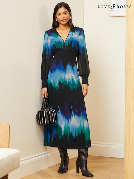 Love & Roses Blue Smudge Chiffon Long Sleeve Midi Dress (K99046) | AED108
