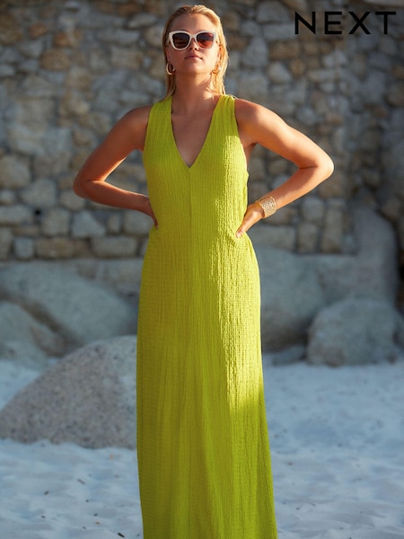 Lime Green V-Neck Textured Maxi Summer Jersey Dress (K99051) | €14
