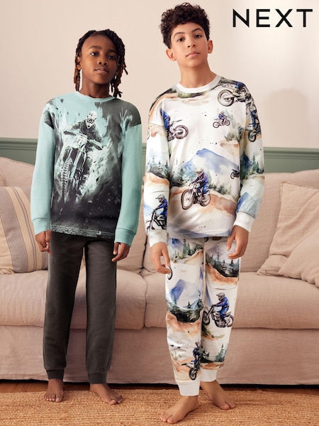 White/Blue Motorbike 2 Pack 100% Cotton Long Sleeve Pyjamas (3-16yrs) (K99149) | AED85 - AED109