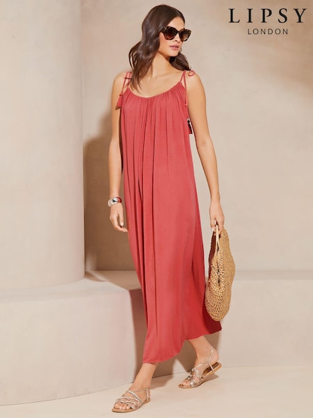 Roz - Rochie maxi de vacanță cu aspect șifonat și palmieri Lipsy (K99150) | 186 LEI