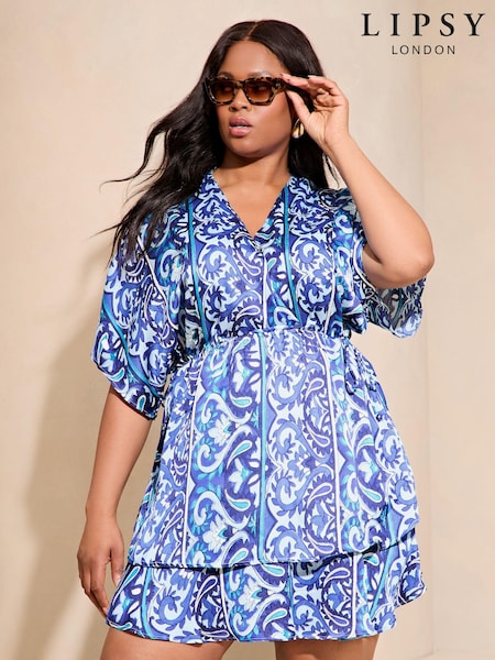 Lipsy Blue Curve V Neck Holiday Mini Dress (K99177) | € 28