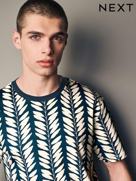 Teal Blue/Ecru 100% Cotton Printed T-Shirt (K99217) | €5