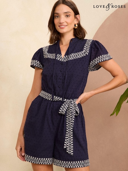 Love & Roses Short Sleeve V Neck Embroidered Dobby Playsuit (K99444) | 205 LEI