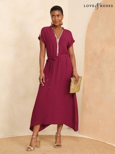 Love & Roses Burgundy Red Sequin Trim Hanky Hem Short Sleeve Midi Dress (K99449) | €47