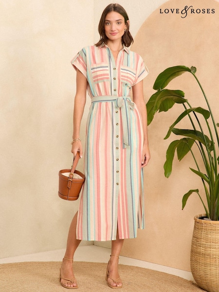 Love & Roses Red and Blue Stripe Roll Sleeve Belted Shirt Dress (K99466) | €38