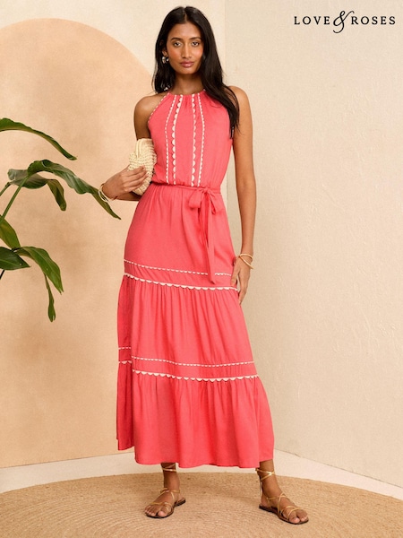 Coral Pink - Love & Roses Ric Rac Halterneck Midi Dress (K99467) | 150 LEI