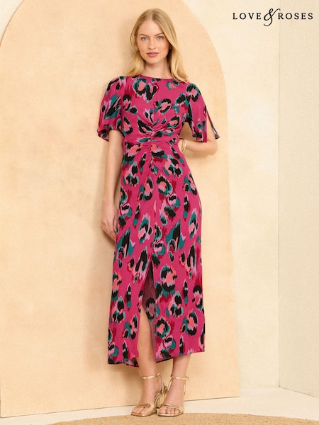 Roz cu model - Rochie midi încrețită cu mânecă evazată Love & Roses (K99472) | 200 LEI
