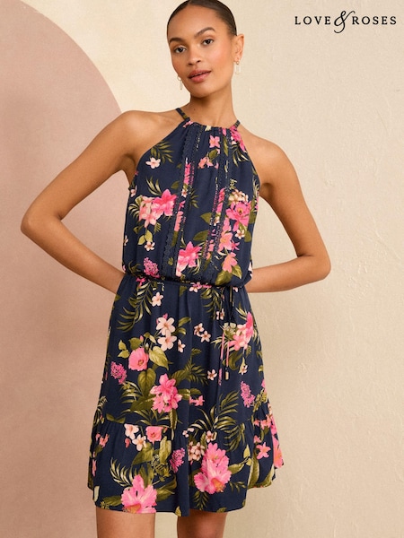 Albastru model tropical - Rochie mini cu prindere după gât și detalii la tiv Love & Roses (K99473) | 150 LEI