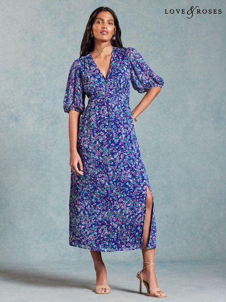 Love & Roses Printed Metallic Puff Sleeve Midi Dress (K99474) | 247 LEI