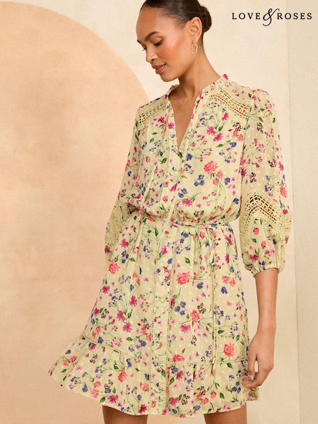 Love & Roses Dobby Lace Detail 3/4 Sleeve Mini Dress (K99480) | 214 LEI