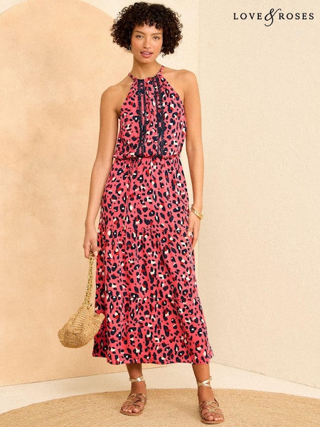Розовый с животными - Love & Roses Trim Detail Halterneck Midi Dress (K99481) | €26