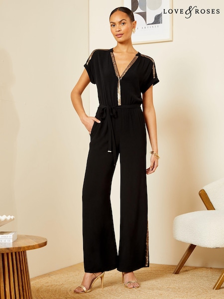 Love & Roses Sequin Trim Roll Sleeve Wide Leg Jumpsuit (K99490) | 207 LEI