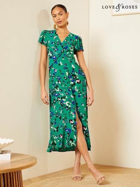 Love & Roses Green Animal Petite Twist Detail V Neck Front Split Midi Dress (K99492) | € 43