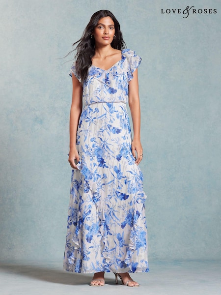 Love & Roses Printed Metallic Ruffle Detail Tie Back Maxi Dress (K99495) | 283 LEI