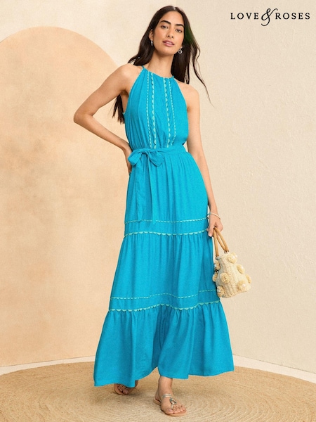 Love & Roses Blue Ric Rac Halterneck Midi Dress (K99497) | €15