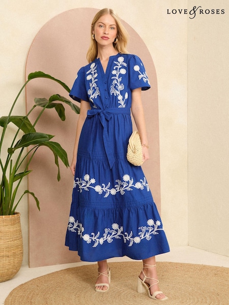 Love & Roses Embroidered V Neck Button Through Midi Dress (K99498) | 259 LEI