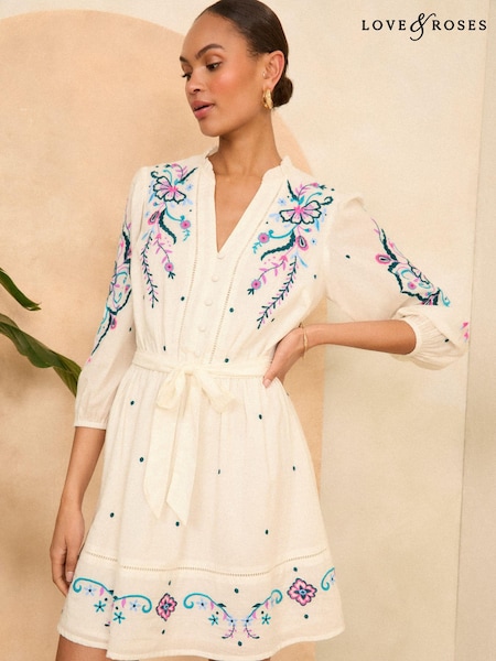 Love & Roses Embroidered 3/4 Sleeve Cotton Belted Mini Dress (K99502) | 214 LEI