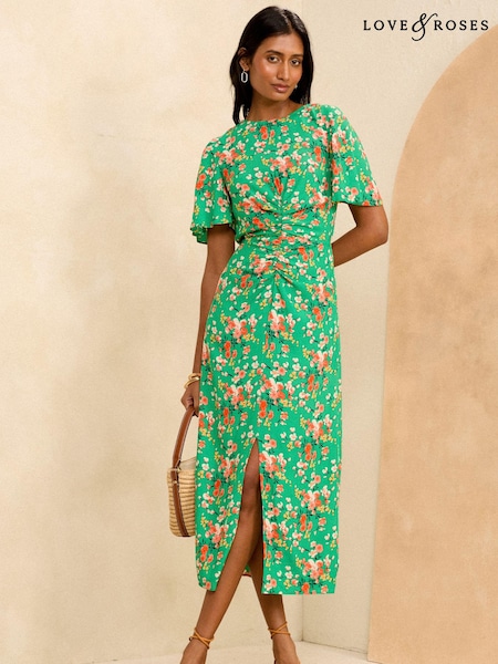 Verde cu flori - Rochie midi încrețită cu mânecă evazată Love & Roses (K99514) | 200 LEI