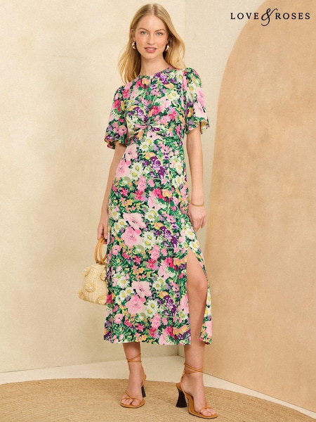 Verde cu flori - Love & Roses Flutter Maneca Twist Detail Midi Rochie (K99516) | 200 LEI