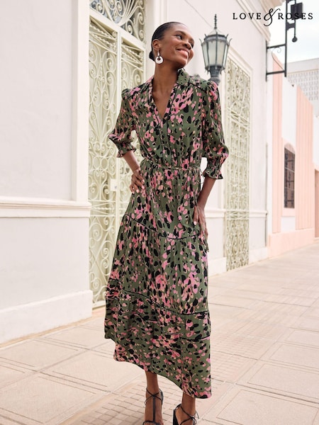 Love & Roses Printed Shirred Cuff Button Through Shirt Dress (K99523) | 259 LEI