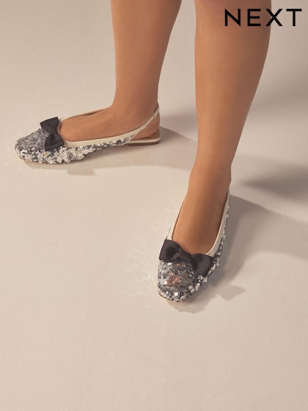 Silver Forever Comfort® Sequin Bow Slingback Shoes (K99702) | 85 QAR