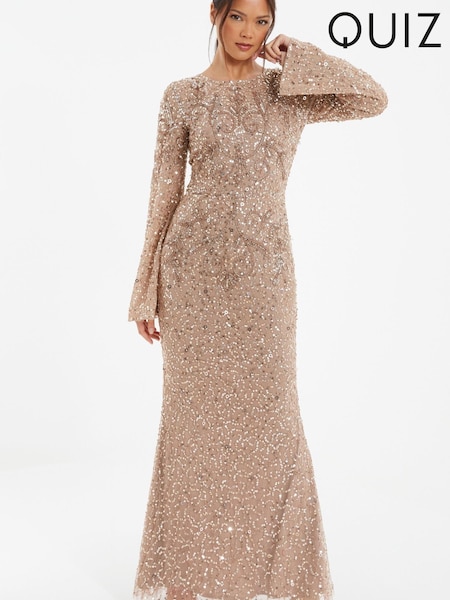 Quiz Rose Gold Sequin Mesh Long Flute Sleeve Maxi Dress (K99739) | kr1 650