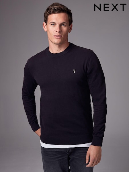 Black Stag Logo Regular Fit Cotton Rich Crew Jumper (K99789) | R$ 240