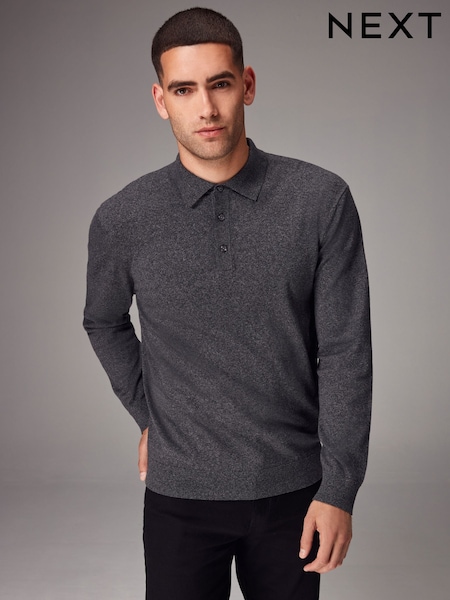 Grey Charcoal Regular Fit Knitted Long Sleeve Polo Shirt (K99823) | €6