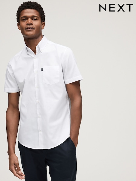 Valkoinen - Normaali istuvuus - Short Sleeve Easy Iron Button Down Oxford Shirt (K99828) | €30