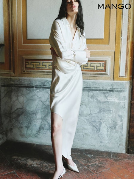 White - Mango Asymmetric Long Sleeve Drape Style Dress