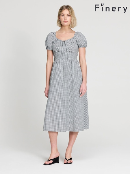 Carouri gingham negre - Rochie midi Finery Kaitlyn din bumbac