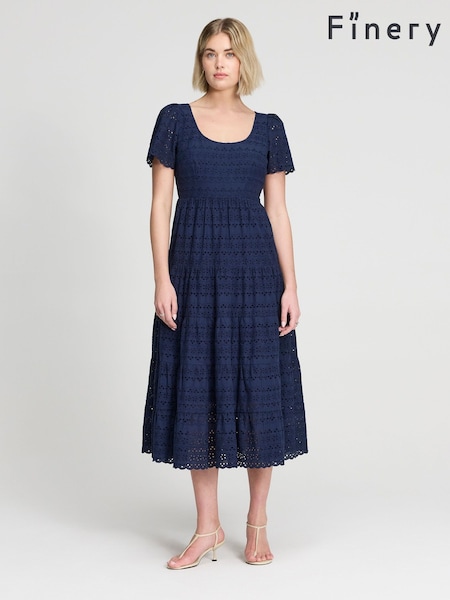 Albastru - Rochie midi din bumbac cu straturi suprapuse și broderie Finery Jemma