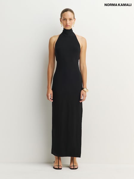 Black - Norma Kamali Halter Turtle Neck Side Slit Maxi Dress