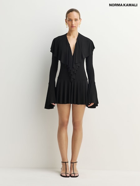 Black - Norma Kamali Deep V-neck Ruffle Mini Dress