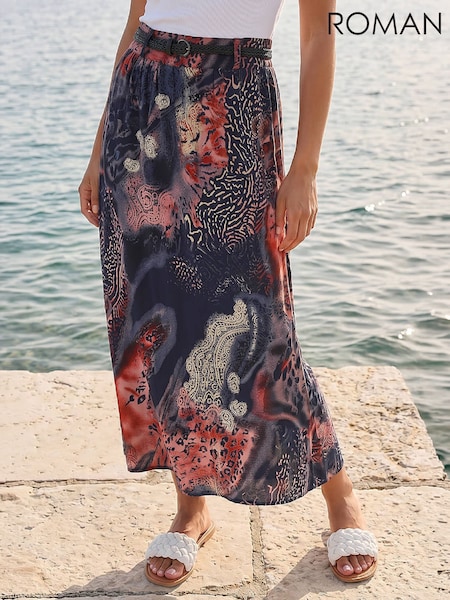 Blue Paisley Print - Roman Belted Midi Skirt