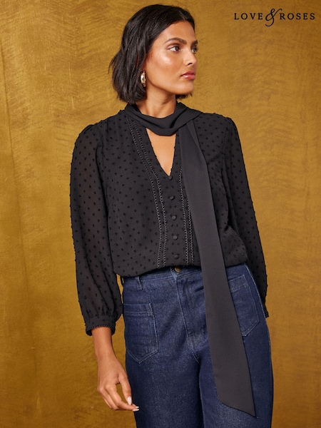 Black - Love & Roses Dobby Chiffon Scarf Neck 3/4 Sleeve Blouse