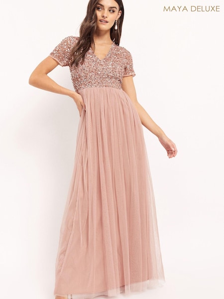 Maya Pink V Neck Short Sleeve Sequin Maxi Dress (L08578) | €57