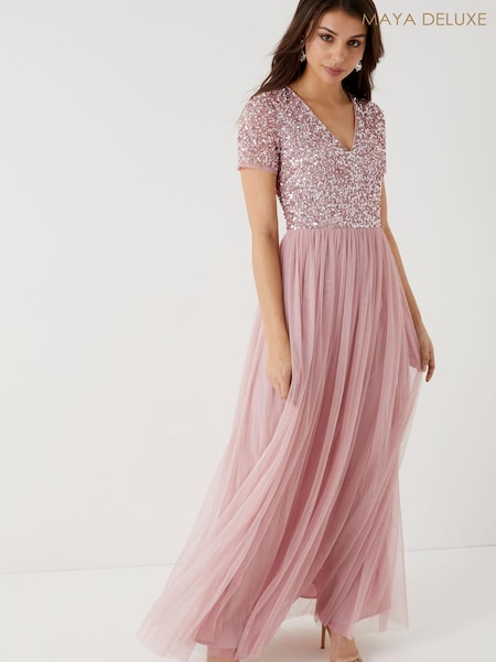 Maya Pink Petite V Neck Short Sleeve Sequin Maxi Dress (L09861) | €56