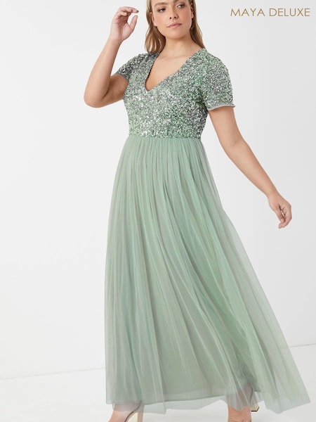vert - Robe longue Maya à sequins, manches courtes et encolure en V (L09864) | € 53