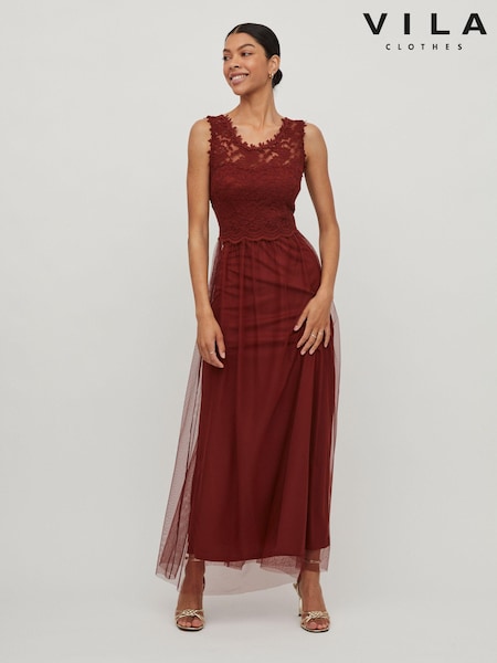 VILA Red Sleeveless Lace And Tulle Maxi Dress (L14324) | €15
