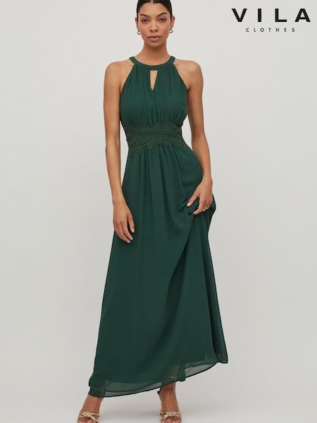 VILA Emerald Green Sleeveless Lace And Tulle Maxi Dress (L14379) | €34