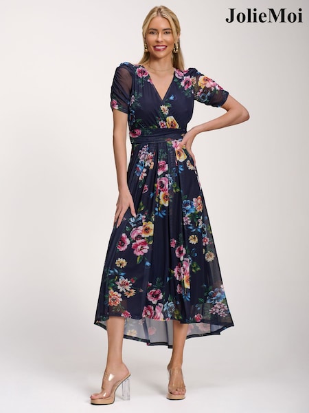 Navy Blue - Jolie Moi Petite Mesh Print Dip Hem Maxi Dress