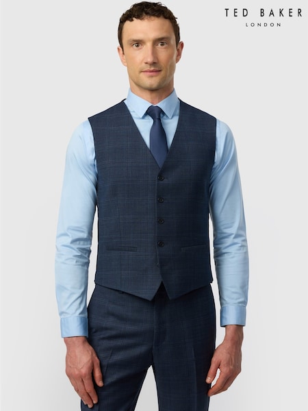 Navy Blå - Regular Ted Baker Tailoring Slim Fit Hopsack Check Waistcoat