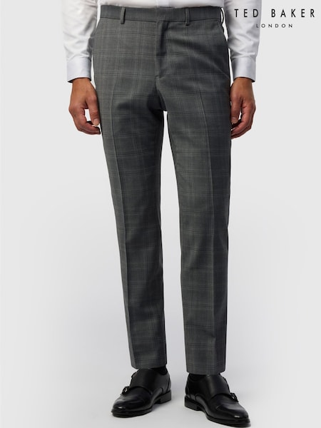 Grey - Regular Ted Baker Tailoring Slim Fit Grey Hopsack Check Trousers