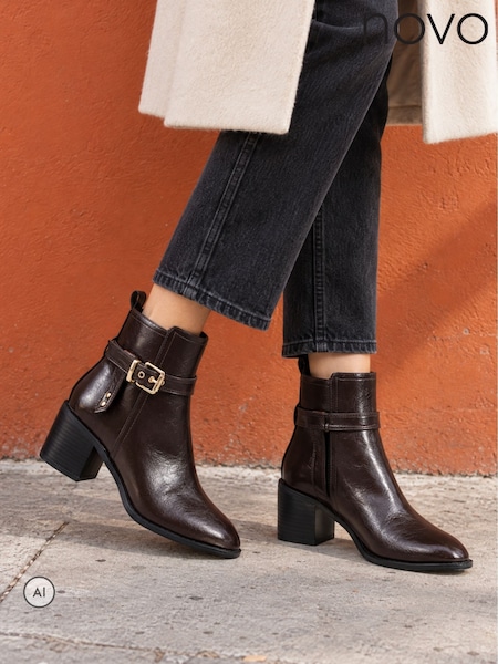 Коричневий - Novo Jazzy Round Toe Block Heel Buckle Detail Ankle Boots