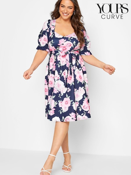 Blau - Yours Curve London Geblümtes Kleid mit Puffärmeln (L36846) | 37 €